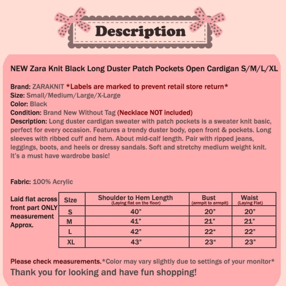 ZARAKNIT Black Long Duster Sweater Open Cardigan - Picture 8 of 8